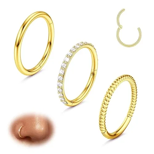 Diamday 3pcs Piercing Nariz 316L Acero Quirúrgico Septum Piercings Anillos Nariz Aro 16G 18G CZ Piercing Oreja Pendientes Aro Oro Tragus Helix Conch Daith Rook Pendientes Piercings