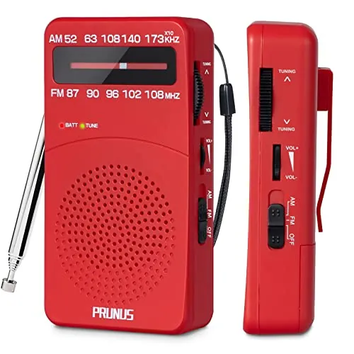 PRUNUS J-166 Transistores Radio Portatil Pequeña FM/Am, Radio Pequeña Pilas con Clip Trasero, Radios Analogica Sintonizador con indicador. Funciona con Pilas AA para Caminar y Viajar.(Rojo)