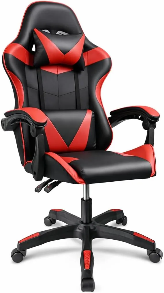 Silla Gaming Ergonómica Reclinable con Cojín Lumbar y Cervical | Altura Ajustable, Reposabrazos Acolchados, Ruedas 360° | Ideal para Oficina, Escritorio, Teletrabajo, Estudio, Juego, Ordenador
