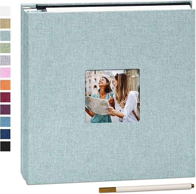 Álbum de Fotos Autoadhesivo 28x27 cm, 40 Páginas para Fotos 10x15 13x18 20x25 cm, Álbum Scrapbook de Lino para Pegar y Escribir, con Bolígrafo Metálico, Regalo Familia Bodas Viajes, Turquesa