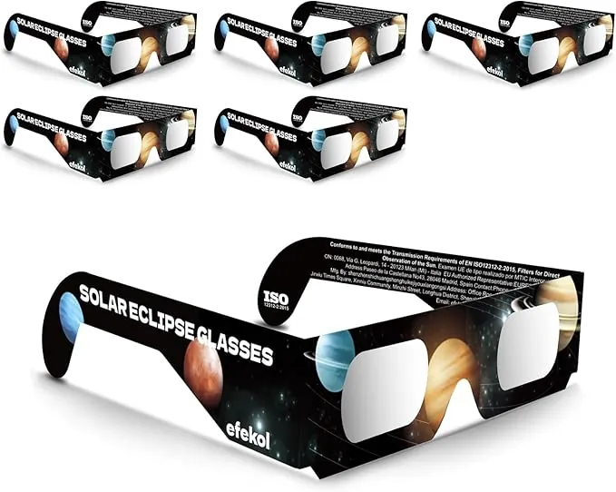 efekol Gafas Eclipse Solar Homologadas (6 Pack) - Certificación CE y EN ISO 12312-2 para Observación Segura del Sol - Eclipse Total 12 de Agosto de 2026 (Total en España, Parcial en Europa)