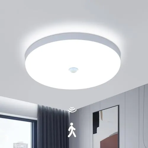 Goeco Plafón LED Techo con Sensor de Movimiento, 30W 3375LM Ø24 CM IP44 Lampara Techo Redondo Interior Luz Blanca Fría 6500K para Pasillo, Escalera, Baño y Salón, Blanco