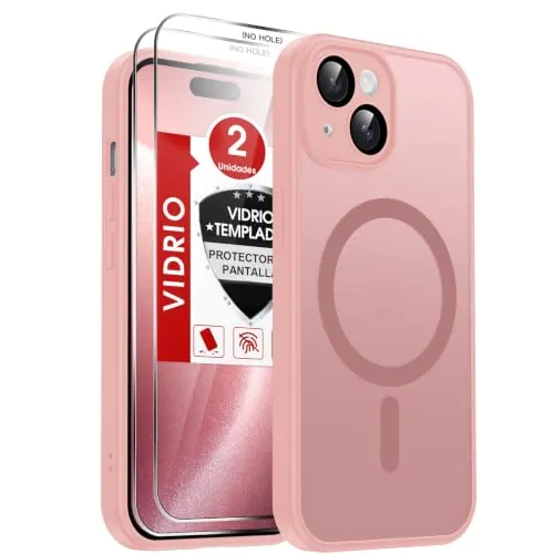 LeYi Funda Magnética para iPhone 15 con 2× Cristal Templado-Rosa | Compatible con MagSafe Mate Carcasa Translúcido Esmerilado Grado Militar Antigolpes Case Para iphon i phone15