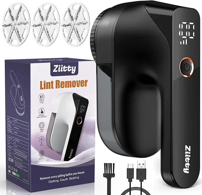Quitapelusas Electrico Quita Pelusas Ropa - Ziitty Quita Bolas de la Ropa, Pantalla LCD, Carga por Type-C, 6 Hojas, Cuchilla de Quitapelusas Recargable Potente y Eficiente para Ropa y Muebles, Negro