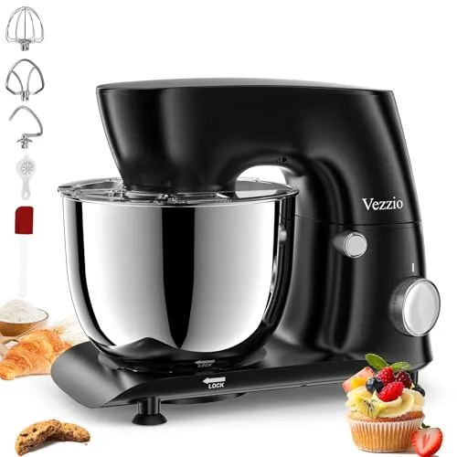 Vezzio Batidora Amasadora 1500W, Robot de Cocina 5.5L con Bol Acero Inoxidable, 10 Velocidades y Cabezal Inclinable, Incluye Gancho, Batidor y Protector, Apta Lavavajillas (Negro)