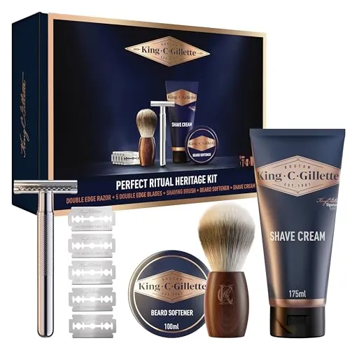 King C. Gillette Kit Barba Hombre Rutina Clásica Perfecta | Maquinilla de Afeitar de Doble Filo + Brocha + Crema de Afeitar 175 ml + Suavizante de Barba 100 ml, Regalos para Hombre