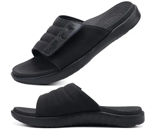 ONCAI Sandalias Hombres Correa Ajustables Ortopedia Fascitis Plantar Punta Abierta Deportivo Pantuflas Slides con Plantilla de Soporte de Arco Suave y Cómoda Negro Talla 44.5
