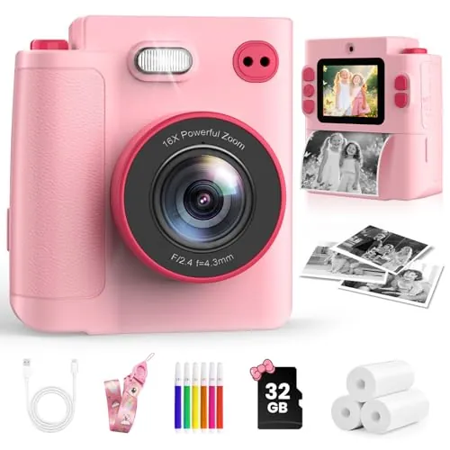 MYSTILUCK Camara Fotos Infantil Instantanea, 1080P HD Cámara Instantánea para Niños con Tarjeta de 32G y Papel Fotográfico, Cámara de Fotos Infantil Regalos de Juguete para Niños de 3 a 12 Años