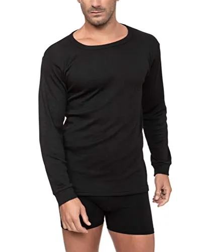 Camiseta Interior Térmica Algodón Manga Larga Hombre Cuello Redondo Colores Lisos (Negro, XXL)
