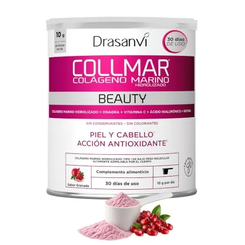 DRASANVI COLLMAR BEAUTY COLAGENO ACIDO HIALURONICO | Colágeno Marino Hidrolizado con Vitamina C Natural y Biotina |Beauty Collagen Piel Bonita e Hidratada| Sabor Granada, 300 GR= 30 Días