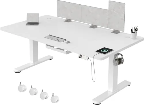Devoko 160 x 80 cm Escritorio Elevable Eléctrico de Carga USB C, Escritorio Ajustable en Altura con Tablero, 3 Función de Memoria y Anticolisión, Regulable en Altura 72-118cm,Blanco
