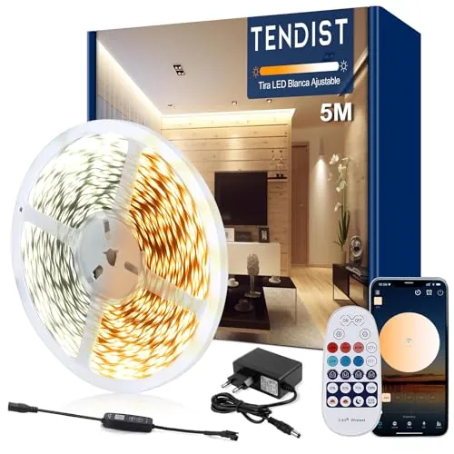 TENDIST 5M Tira Led Blanca, 3000K-6500K Blanco Cálido a Blanco Frío, Tira de Led App Inteligente, 24V Para Decoración Interior