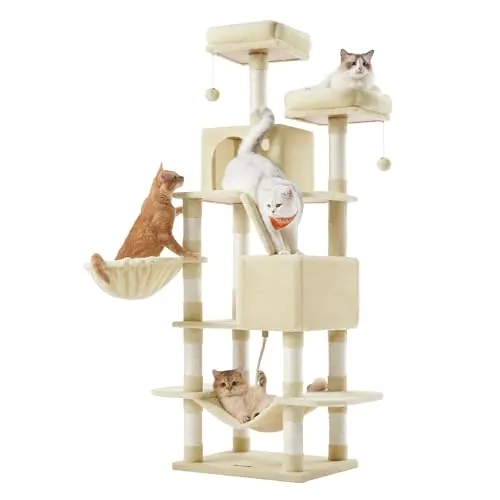 Feandrea Árbol para Gatos Grandes, Torre de Gatos de 168 cm de Altura con 13 Poste, 2 Plataformas, 2 Cuevas, Cesta, Hamaca, Pompón, Rascador Multinivel, Beige PCT165M01