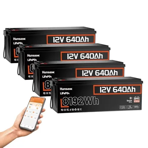 Humsienk Batería LiFePO4 12V 640Ah con Bluetooth, 8192Wh, 250A BMS Inteligente y protección Baja Temperatura, 6000–15000 ciclos, Batería Solar para Autocaravana,Barco y Sistema Fuera de Red*4Piezas