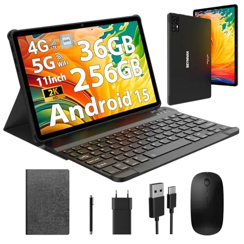 BEYNIVAN Tableta 11 Pulgadas con 4G LTE y 5G WiFi,Android 15 Tablet con Ranura sim,36GB RAM+256GB ROM/9580 mAh/2000 * 1200 FHD/Face ID/GPS/BT 5.0/TÜV/USB-C,Tablet con Teclado+ Ratón + Funda,Negro