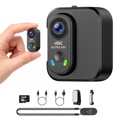 CAMWORLD Mini Cámara 4K 30fps con Estabilización EIS de 6 Ejes, Cámara de Acción Magnética Wearable con Funda de Carga 1800mAh y Tarjeta 64GB, Lente 150° para Vlog, Moto y Viajes
