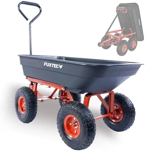 Carro de jardín basculante FUXTEC FX-KW2175, Capacidad de Carga 300 kg, Carretilla de Transporte, Carrito de Mano, Carga máxima 300 kg, Carga basculada máxima 150 kg, con 4 Grandes Ruedas neumáticas.