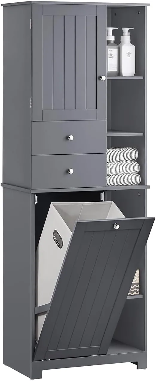 SoBuy Mueble Baño con Cesto Mueble Ropa Sucia Baño Columna Estrecho Alto Armario Lavadero con 6 Estantes y 2 Cajones Gris 60x37x171 cm BZR104-DG