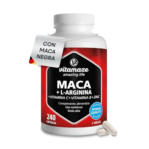 Maca con L-Arginina, Complejo con Tres tipos de Maca Andina (Negra, Amarilla y Roja) + Vitamina C, B6, B12 + Zinc, 240 Cápsulas, Raíz Peruana, Calidad Alemana, Sin Aditivos. Vitamaze