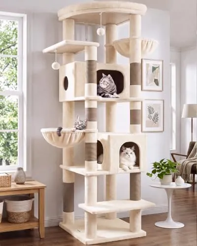 Globlazer Árbol Rascador Beige Grande Alto 188 cm con 2 Grandes Nidos, 48 * 48CM Plataformas Acolchada, 2 Felpa Cesta, Estable Árbol Torre para Grande Gato 3-5 Adulto Gatos Más de 5 kg (S74, Beige)