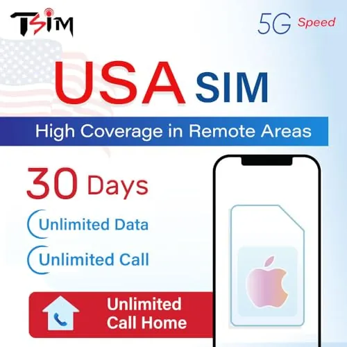 Tarjeta SIM USA para Turistas – Datos 5G Ilimitados + Llamadas y SMS Ilimitados | Alta Cobertura en Zonas Remotas | Plan de 30 Días | Número de EE. UU. y 10 GB de Hotspot | Diseñada para iPhone