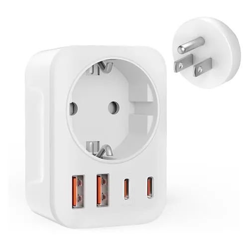 Clomnpe Adaptador Enchufe Europeo a Americano, 5 en 1 Adaptador Enchufe USA con 2 USB C y 2 USB A, Amplia Adaptabilidad, Europa/Español 2-Pin a 3-Pin USA Tipo B para EE.UU./Canadá/Mexico/Colombia/Perú
