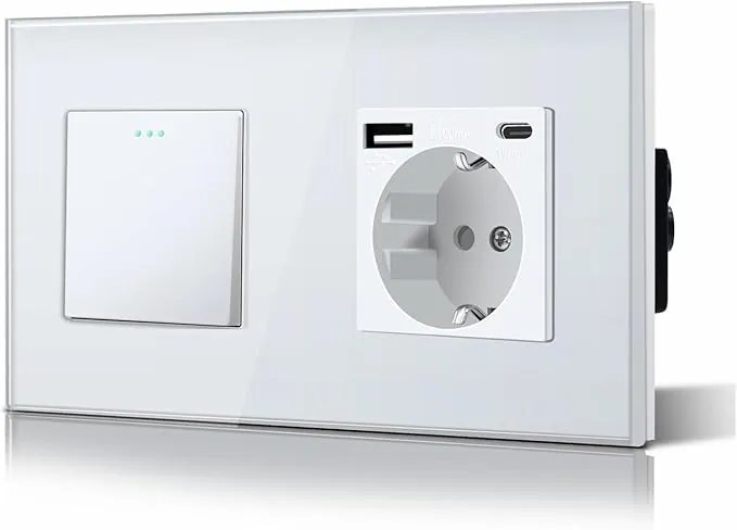 BSEED Interruptor Conmutador y Enchufe USB C,Basculante Con Luz de Orientación,Marco de Cristal,Fácil Instalación,Fáciles de Limpiar,1 Gang 2 Vía Con Enchufe USB/Tipo C,157mm Blanco