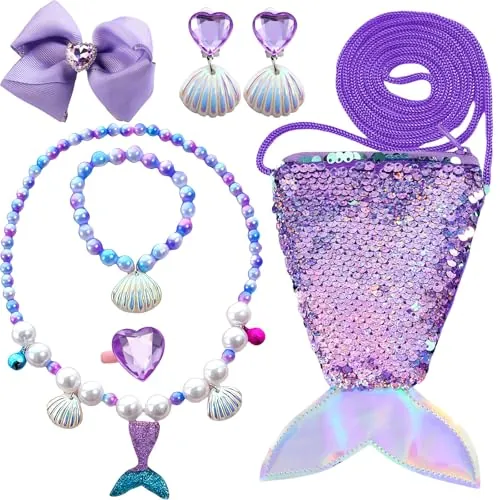 GWAWG Juego de joyas para niños 7 piezas con bolsa de hombro en forma de cola con bolso bandolera en forma de cola, collar, pulsera, pendientes de clip, anillo y clip para el cabello, juego de joyas
