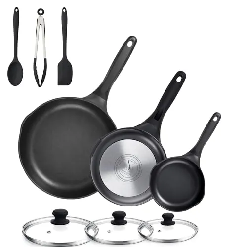 Stone&Stone Set 3 sartenes 20-24-28 cm, revestimiento de piedra antiadherente, fabricado con tecnología alemana, compatibilidad con todo tipo de cocinas, sin PFOA + tapas