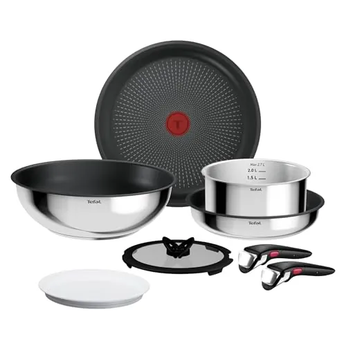Tefal Ingenio Comfort Max - Juego de 4 Piezas + 4 Acc, Acero inoxidable | 2 Sartenes de 24/28 cm + Wok de 26 cm + Cazo de 20 cm + 4 Acc, Antiadherente, Thermo-Signal, Apto inducción y horno
