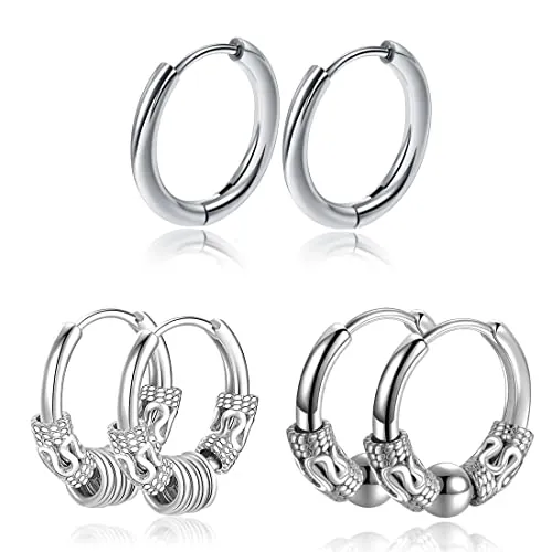 SCJJZ pendientes redondos hombre, bisuteria mujer, piercing oreja, aro plata vintage con pasadores de personalidad (3 pares)