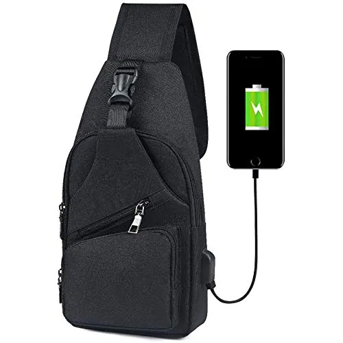 flintronic Sling Bag, Bolsa de Pecho con Puerto de Carga USB y Puerto para Auriculares, Hombres Mujeres Senderismo Ligero Mochila de Viaje (Incluye 1 Cable USB)