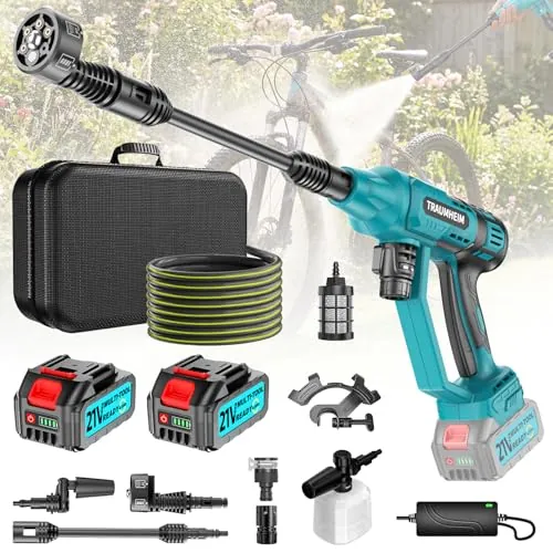 Limpiador de Alta Presión con Batería, Pressure Washer Modo 4-Velocidades Max 150Bar, Hydro Blast, Limpiador de Alta Presión Multifuncional Móvil con 2x4.0Ah Baterías, 6-en-1 y Boquilla Giratoria de