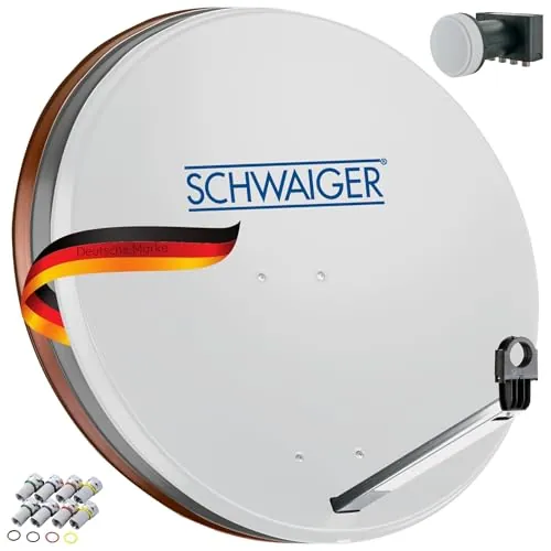 Sistema Sat 500 de SCHWAIGER Juego satélite Antena parabólica Quad LNB Digital 8X F-Plug 7mm Antena Sat de Acero Juego Completo Gris Claro 75 x 85 cm