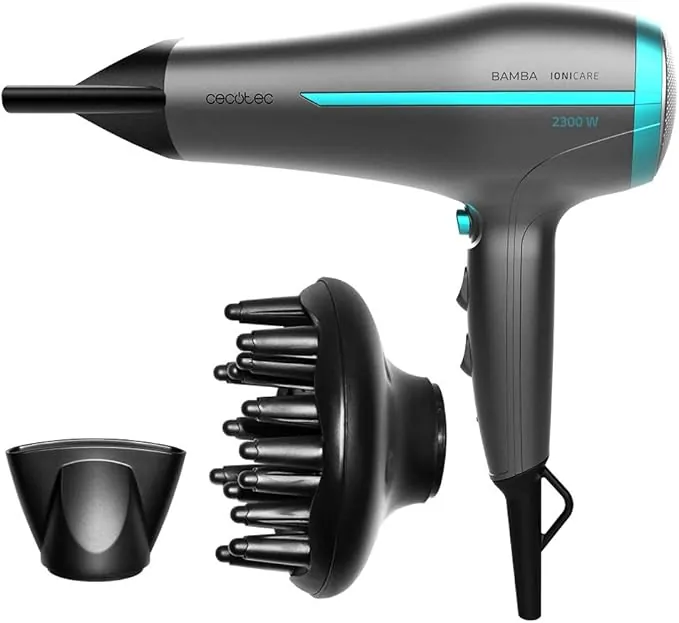 Cecotec Secador de Pelo Iónico Bamba IoniCare 5200 Aura Black. 2300W, Concentrador y Difusor, Cabello Sin Encrespamiento, Motor DC, Ion Real, Gran Caudal de Aire, 2 Velocidades y 3 Temperaturas