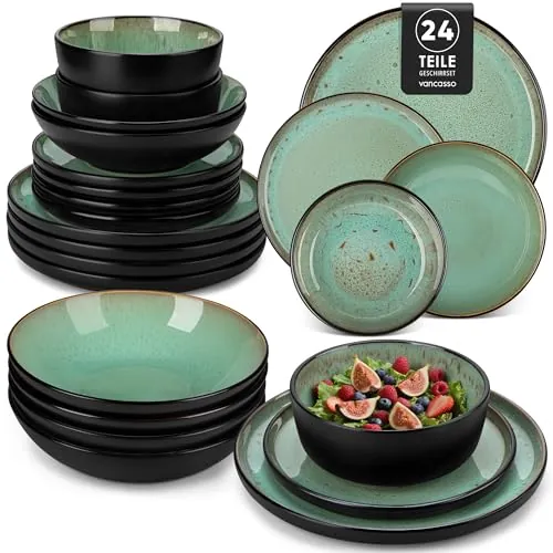 vancasso AMBER Juego de Vajilla Completo para 6 Personas, Plato Vajilla 24 Piezas de Gres - Platos Llanos, Platos de Postre, Ensaladeras y Cuencos - Apto para Lavavajillas, Esmalte Reactivo Verde