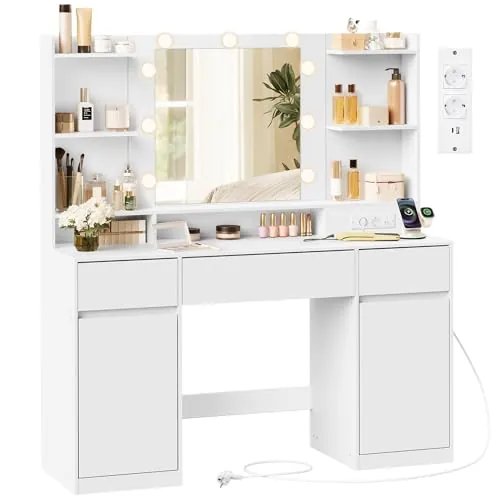 VASAGLE Kailyn Colección - Tocador con Espejo LED, Regleta, 2 Armarios, 9 Bombillas Regulables, Iluminación de 3 Colores, Montaje sin Herramientas, Blanco Nube RDT142WB02