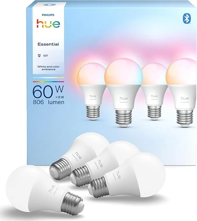 Philips Hue Essential - Bombilla Led Inteligente A60 Smart (4), luz blanca y colores, luminaria led E27 Base, 8 W, 2200 K-6500 K, 806 lm, regulable, compatible con Alexa, Google Assistant y Apple Home