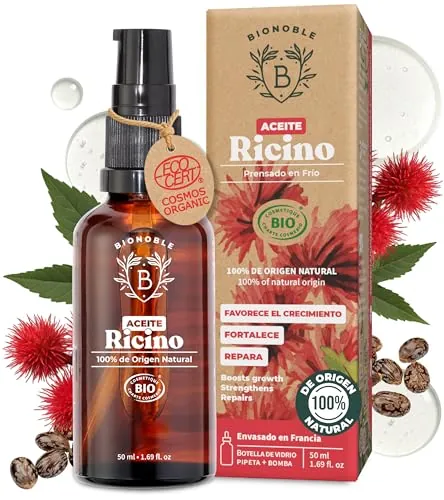 BIONOBLE Aceite de Ricino Organico, Prensado en Frío, Sin Hexano - Pestañas, Cabello, Cejas - Vegan Castor Oil - Aceite de Ricino 100 Puro y Natural - Botella de Vidrio, Pipeta, Bomba - 50ml