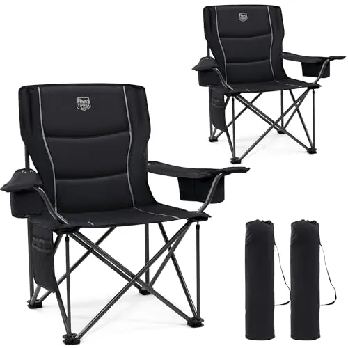 TIMBER RIDGE 2Pcs Silla Camping Plegable 200kg Acolchada Ancho Asiento 63cm con Portavasos Bolsa Térmica para Playa Jardín Pesca Balcón Acampar