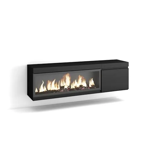 Skraut Home | Mueble TV | Televisión | Muebles de salón, almacenaje | 160 | para TV hasta 65" | Chimenea eléctrica XXL | Colgado, Suspendido | Estilo Moderno | Negro