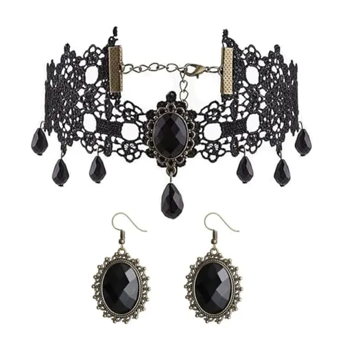 JUSTUSNX Juego de collar y pendientes de Halloween, gargantilla de vampiro negro, accesorios de disfraz de Halloween, joyería gótica para mujeres, talla única, Metal