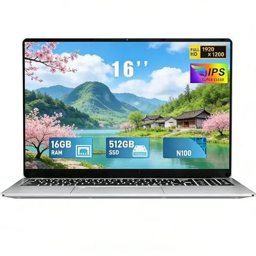 FUNYET Ordenador Portátil 16 Pulgadas Celeron N100 Quad-Core hasta 3.4GHz Laptop 16GB RAM 512GB SSD Win 11 FHD 1920×1200 USB 3.0 BT 5.0 WiFi 5 HDMI Teclado Retroiluminado Convertible-QWERTY