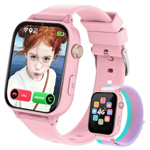 Reloj GPS Niños Localizador y Llamadas, 4G Smartwatch Niños Niña con Telefono Chat de Voz Videollamada Modo Clase Cámara Podómetro, Reloj Inteligente para 4 a 12 Años Regalos Comunion Navidad, Rosa