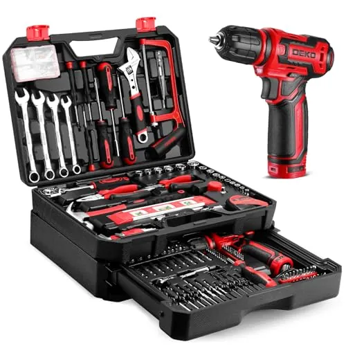 DEKO Caja Herramientas Completa Eléctricas 238 Piezas con 12V Taladro Eléctrico sin Cuerda, 10 mm Chuck sin Llave, Caja profesional de herramientas Domésticas de Bricolaje para Oficinas y Jardín, Rojo