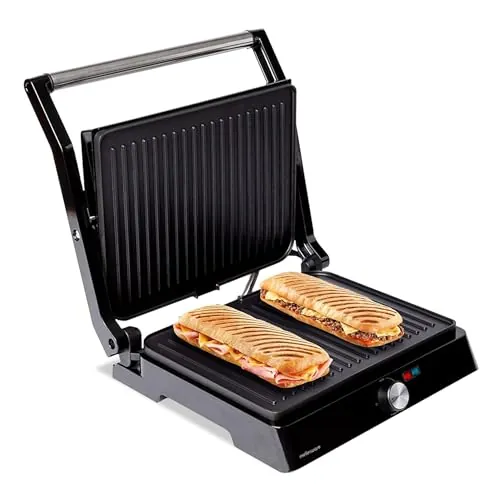 Mellerware -Parrilla Eléctrica Hotty!2200W, Revestimiento Antiadherente, Regulador Temperatura LED, Obertura 180º, Placas Adaptables, Superficie 29×46cm, Grill Acero Inoxidable, Libre PFOA,Multicolor