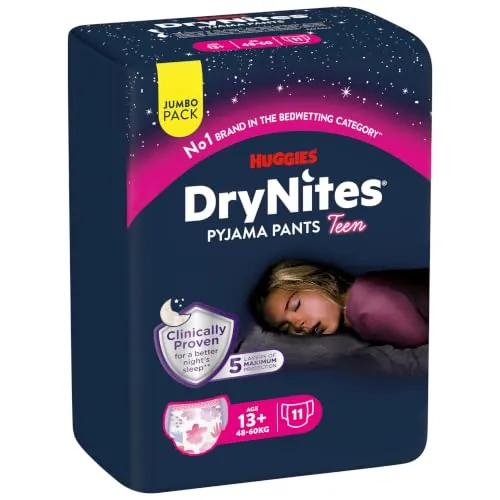 Huggies DryNites Pañales de Noche para Niña 13+ (48-60 kg), Clínicamente Probado con 5 Capas de Máxima Protección Nocturna, 3 Packs de 11, Total 33 Bragas Absorbentes