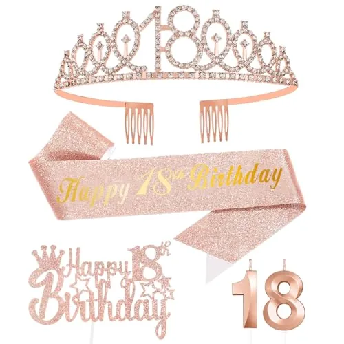 18 Años Corona Banda Cumpleaños Mujer Tiara Corona y Faja de Oro Rosa, Velas Cumpleaños Numeros 18 Cake Topper de Tarta Decoración Fiesta