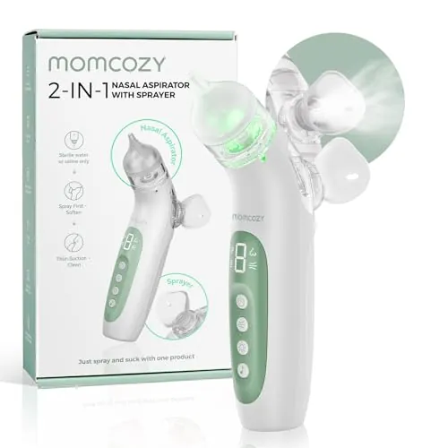 Momcozy Aspirador Nasal Bebe Electrico con 4 Niveles Ajustables, 2 en 1 con Pulverización y Succión de 65 kPa de Grado Hospitalario, Silencioso y Portátil Aspirador Nasal para Bebe con Luz & Música