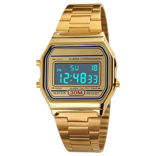 FAMKIT Reloj Digital Retro Unisex - Reloj de Acero Inoxidable Resistente al Agua 30M, Cronómetro Multifunción para Hombre/Mujer